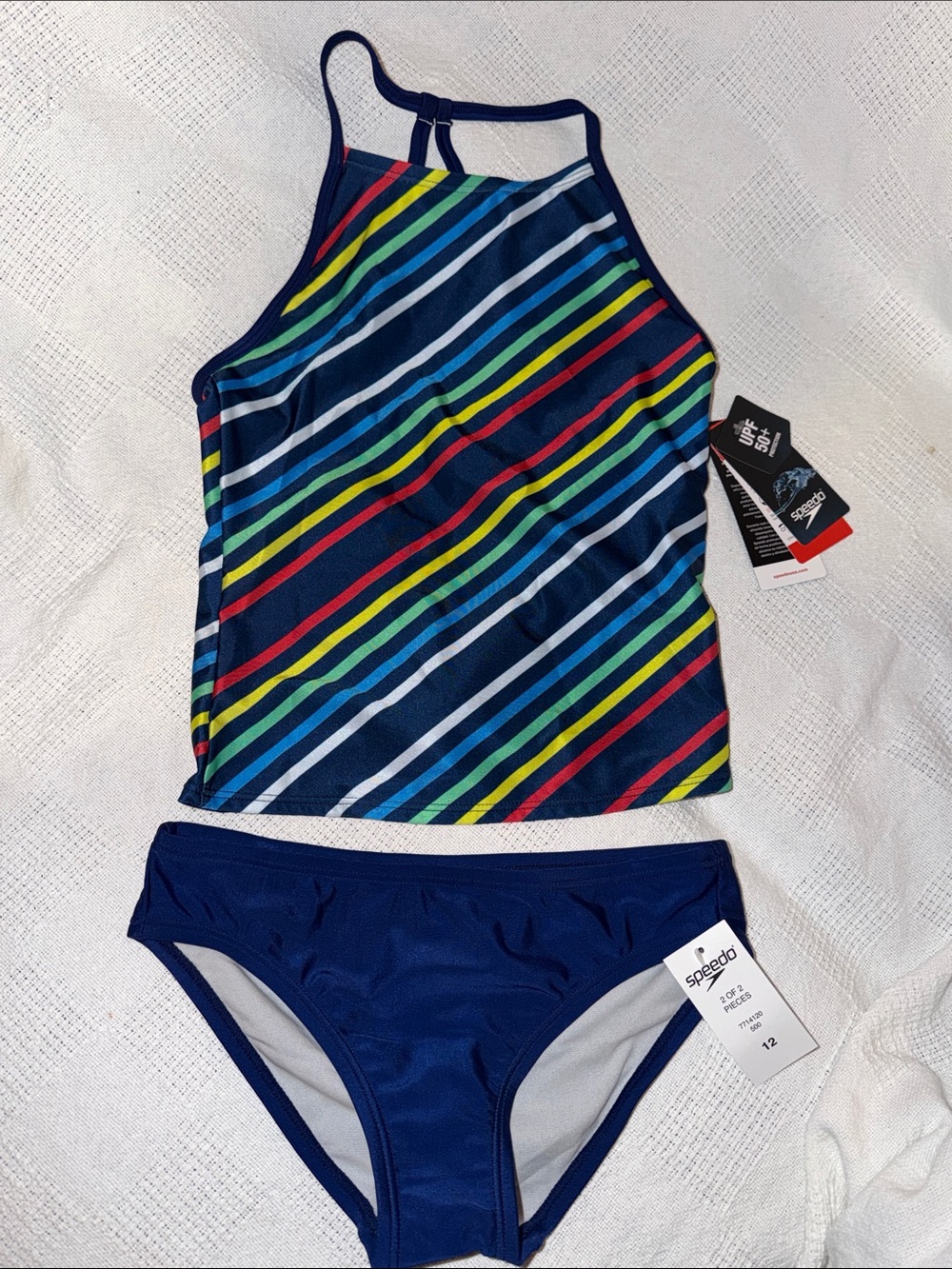 Speedo Girls Navy Rainbow Diagonal Stripe Tankini